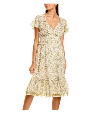 Max Studio Yellow Floral V-Neck Midi Dress Smocked Waist size M